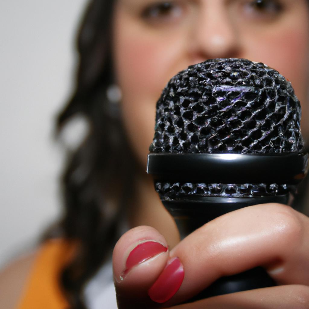 Woman holding a microphone, speaking