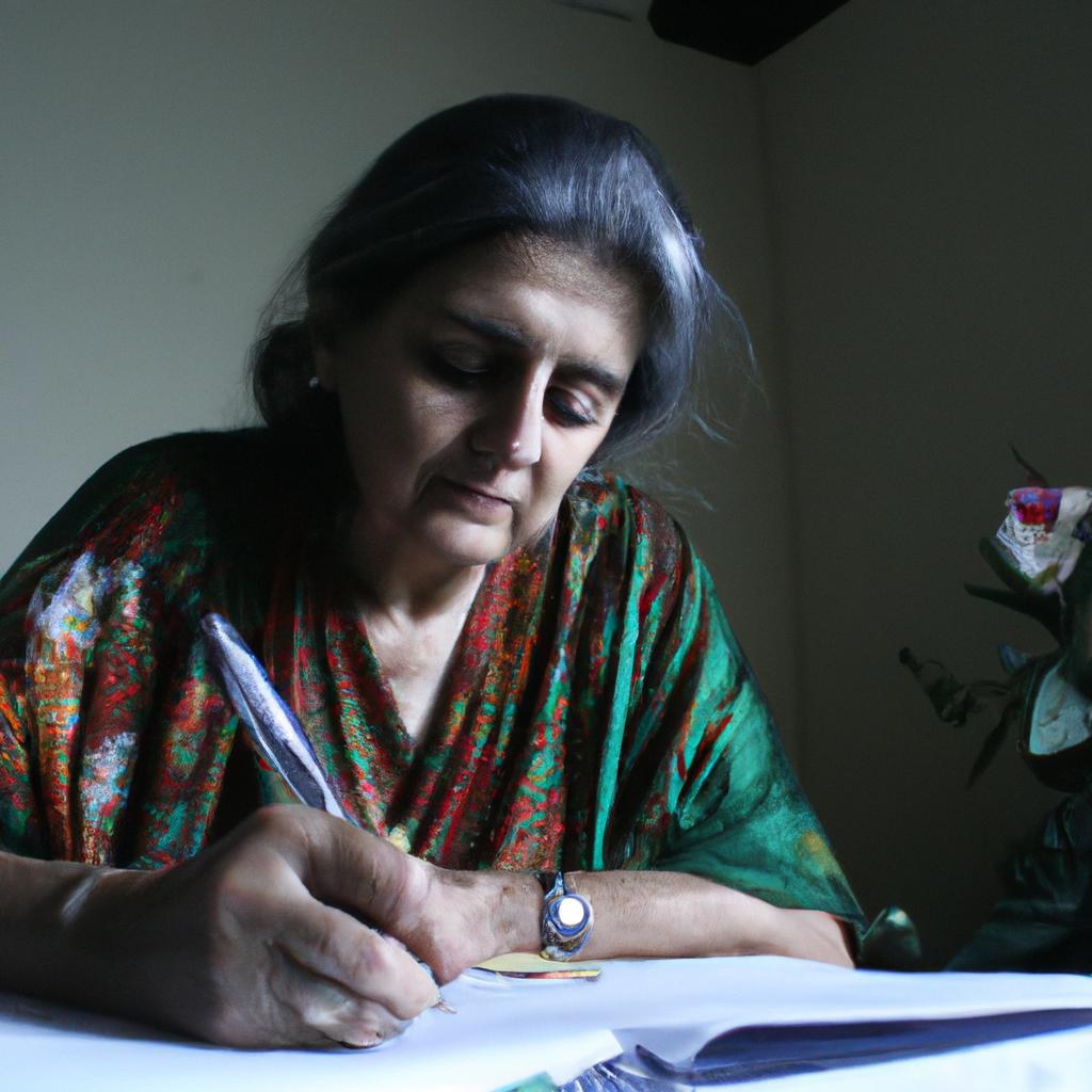 Woman poet Amrita Pritam writing